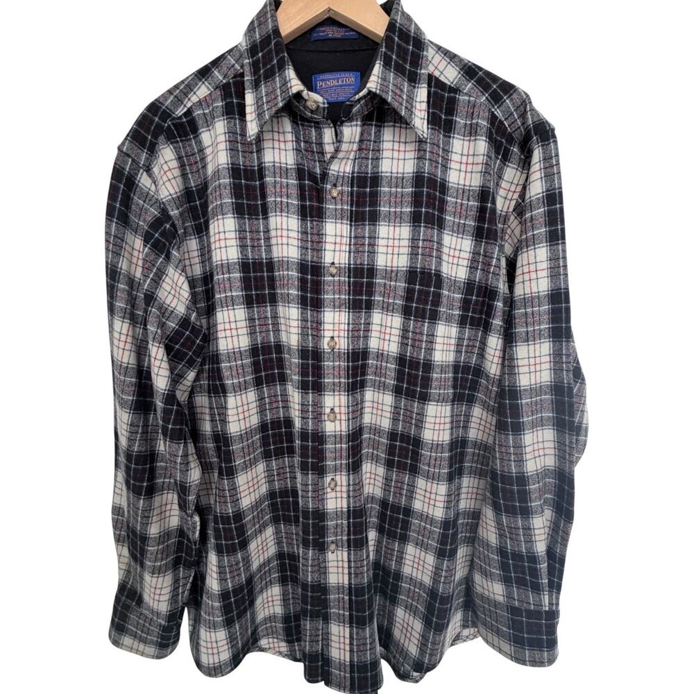 Pendleton Wool Flannel Shirt Mens Large Black Plaid Made In USA